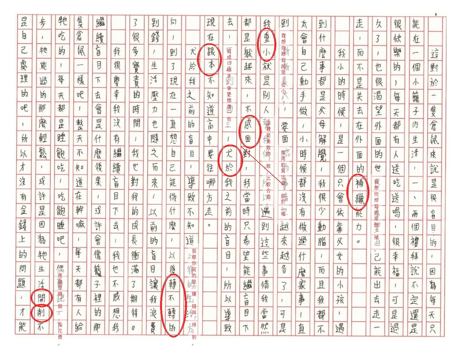 批改後的學生作文稿紙 — 紅圈標出每個讀書貓想跟學生聊聊的字，旁邊附上牠讀到的觀察。